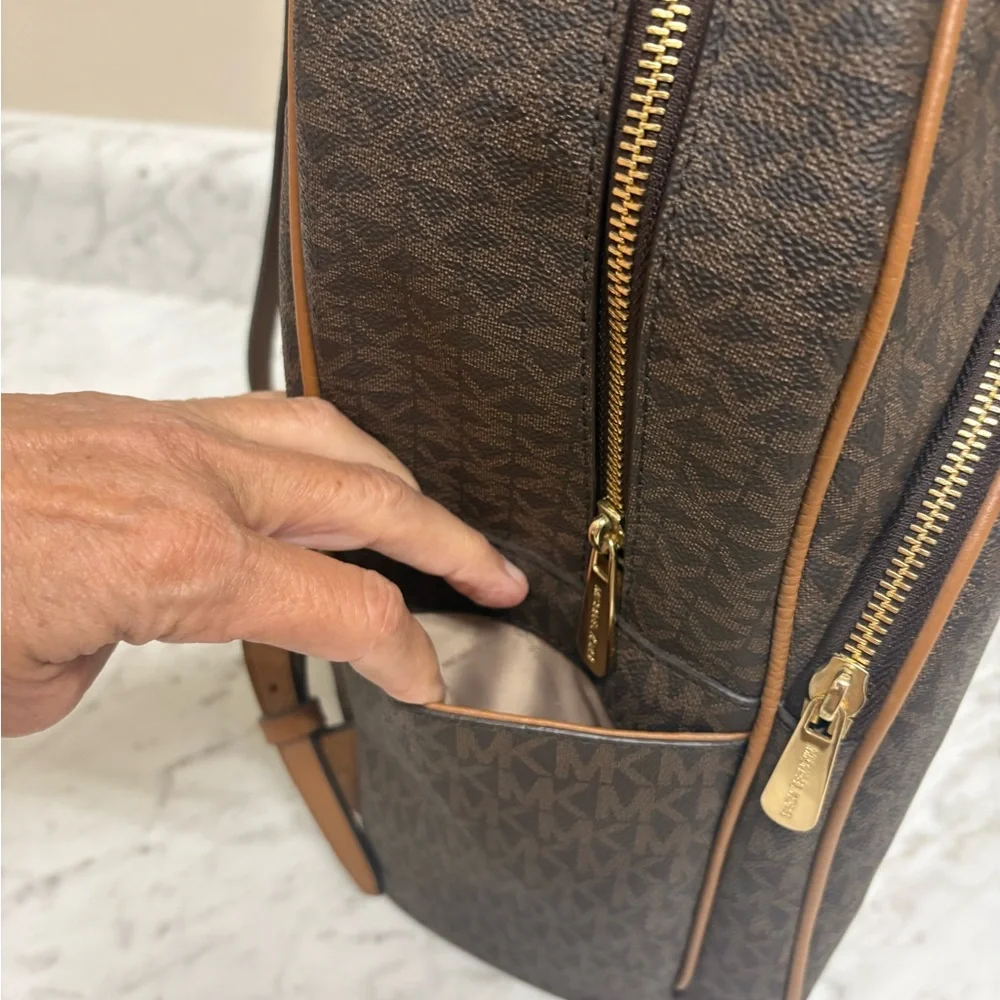 Michael Kors Dark Brown MK Monogram Backpack with Tan Trim